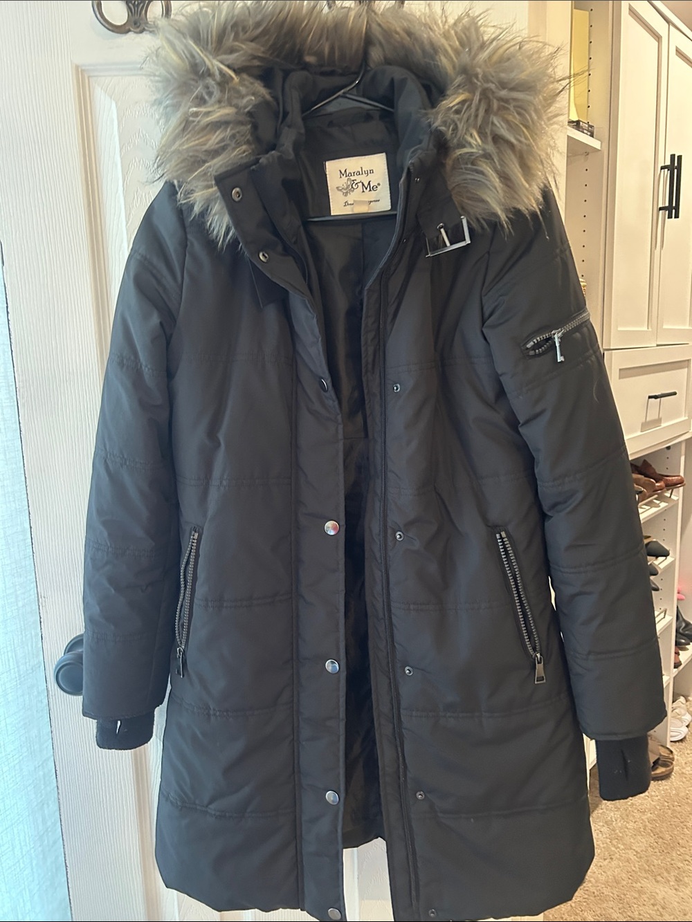 Maralyn & Me Black Long Puffer Coat with Faux-Fur Hood Trim